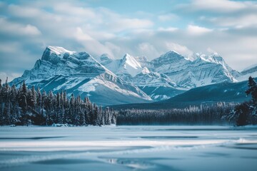 Snow-capped mountains overlooking a frozen lake, with a softly blurred background of snowy trees and sky. 