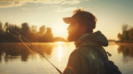 Fototapeta premium A man fishes in the golden light of sunset