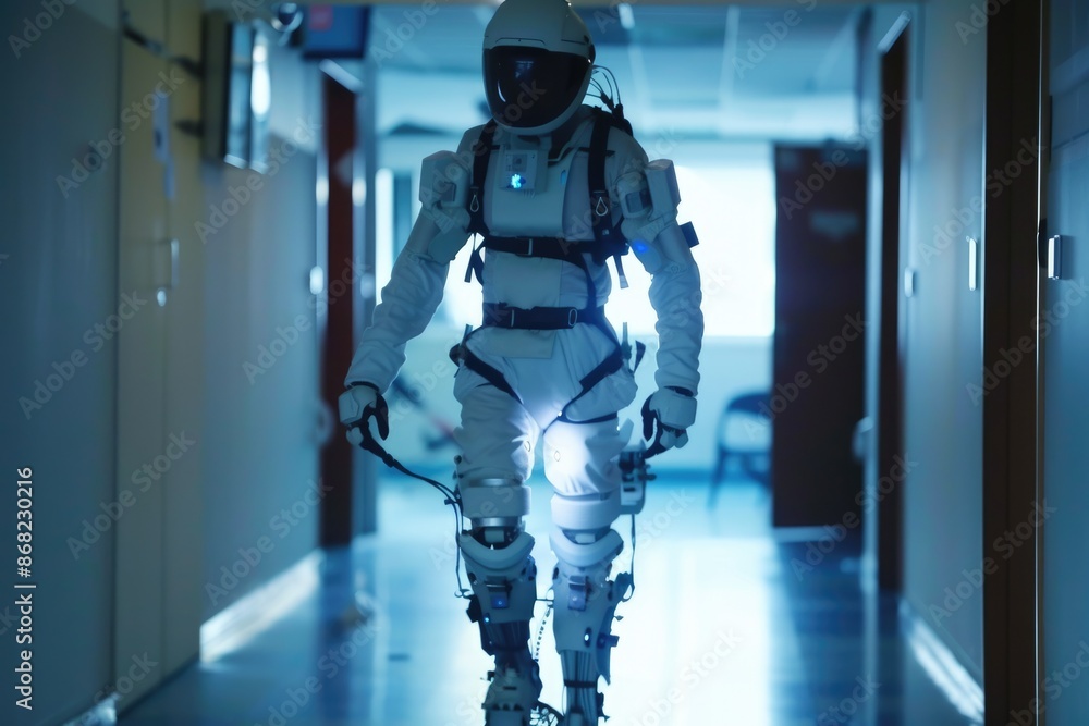 Aufkleber an engineer in hightech exoskeleton and vr headset works in futuristic lab surrounded by advanced eq
