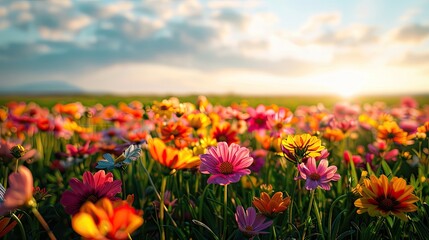 Fototapeta premium A vibrant flower field with a variety of colorful blossoms stretching to the horizon under a bright sky.