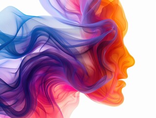 A colorful, flowing hair design with a face in the middle