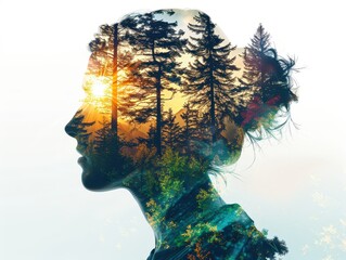 A woman's face is shown in a forest with trees and sunlight