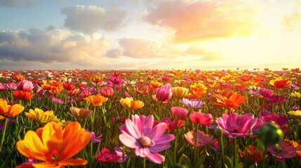 Fototapeta premium A vibrant flower field with a variety of colorful blossoms stretching to the horizon under a bright sky.