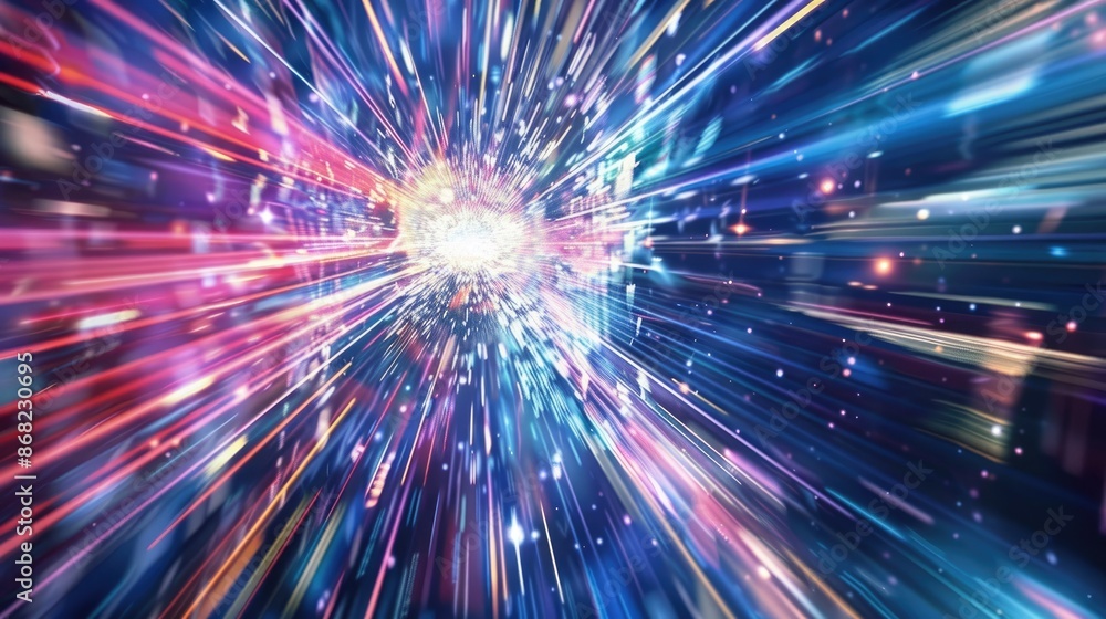 Poster the image shows a colorful and dynamic background with a bright light in the center, resembling a su