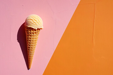 Photo of a single ice cream cone on an orange and pink background, minimal concept, flat lay view from above in studio lighting, pastel colors