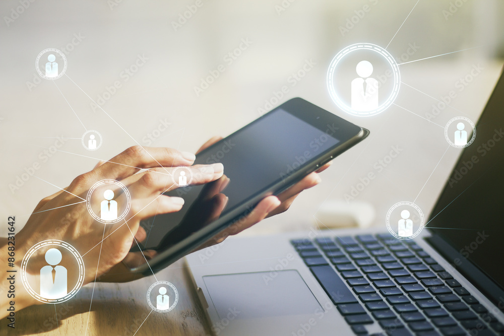 Aufkleber double exposure of social network icons concept and hand working with a digital tablet on background