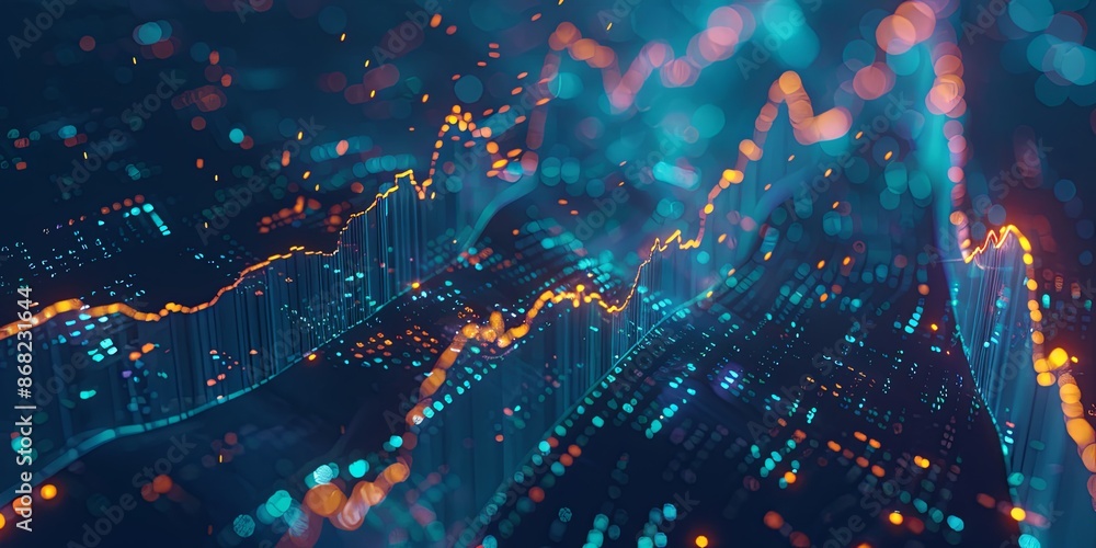 Poster abstract 3d financial chart with glowing lines and dots representing stock market trends, data analy