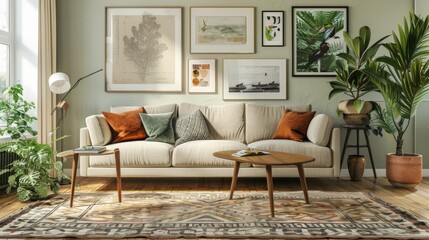 Background: A minimal and contemporary home setup with a blank wall, light floor, and white furniture, complemented by a luxurious lounge area with a cozy sofa and decorative plants for a serene livin