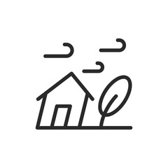Strong wind near house, linear style icon. A house with strong wind blowing, windy weather and storm warnings. Editable stroke width.