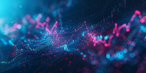 Abstract background of glowing blue and pink lines and dots representing stock market data, financial trends, and digital information.