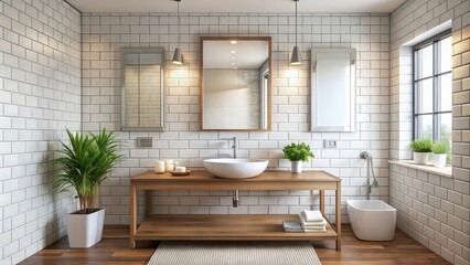 Modern bathroom interior with sleek white tiles, a large mirror, and a chrome faucet, bathroom, interior, modern, white tiles