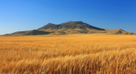 Golden Wheat Field With Distant Mountain Under Blue Sky