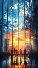 A scene of professionals from various fields standing in an office, all facing away and looking out of the large office windows.