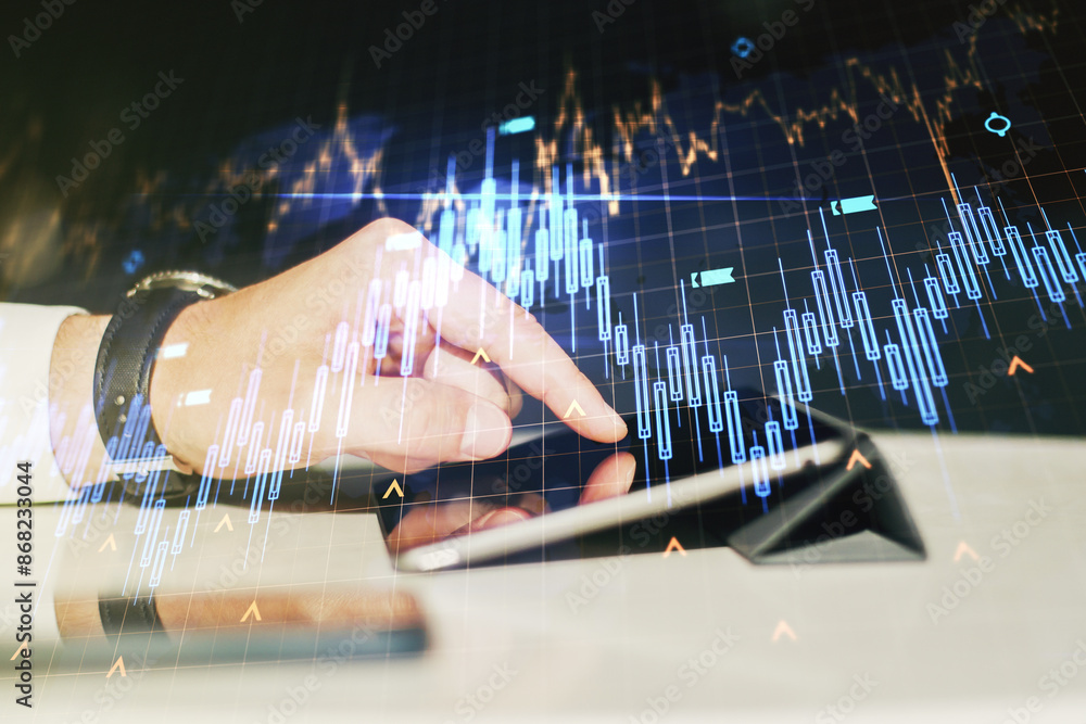 Poster double exposure of abstract creative financial diagram with world map and with finger clicks on a di