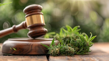 Gavel and Marijuana Buds on Wooden Surface
