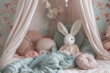 A stuffed plush bunny is nestled under a knitted blanket on children cozy bed