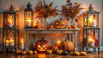 Obraz premium Vibrant lanterns and carved pumpkins adorn a sleek console table amidst modern decor, evoking a warm and spooky Halloween ambiance.