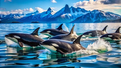 Majestic orcas break the surface of the turquoise ocean in synchronization, their black and white forms stark against the deep blue backdrop.