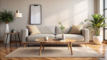 Fototapeta premium Cozy living room with empty sofa, coffee table, and modern interior design, awaiting a phone mockup on the phone's white screen.