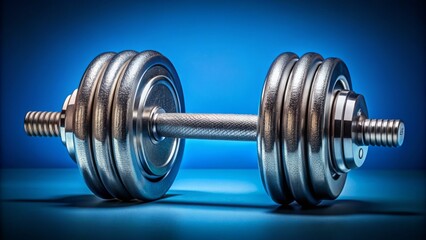 Naklejka premium Metal dumbbell with textured grip isolated on blue background, symbolizing strength, fitness, and physical training, with a bold visual appeal.