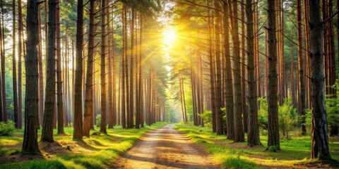 Naklejka premium Tranquil forest path with sunlight filtering through pine tree branches, solitude, nature, outdoors, scenic, peaceful