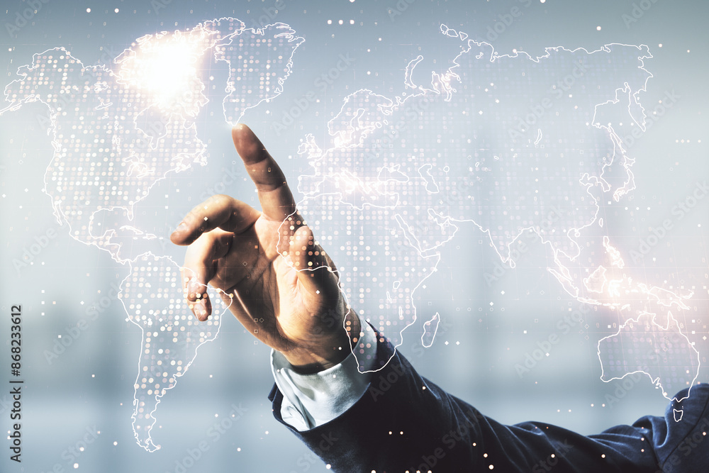 Poster man hand working with abstract creative world map interface on blurred office background, internatio