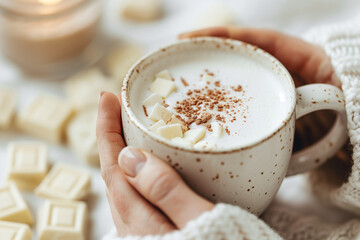 hygge hands holding warm white hot chocolate mug with marshmallows and cinnamon in winter