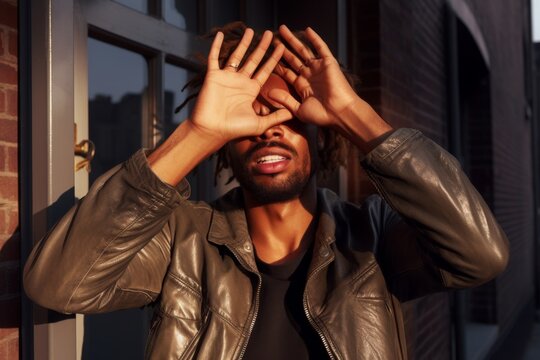 young man shielding eyes from sunlight in alley - Powered by Adobe