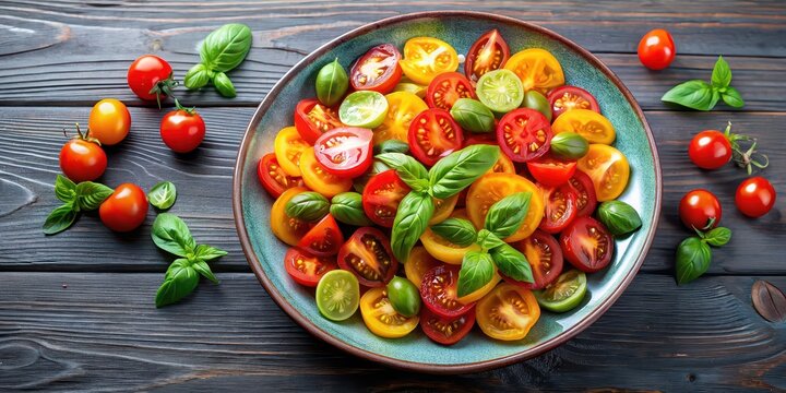 Colorful tomato salad with fresh basil leaves, healthy, organic, fresh, vibrant, red, green, vegetarian