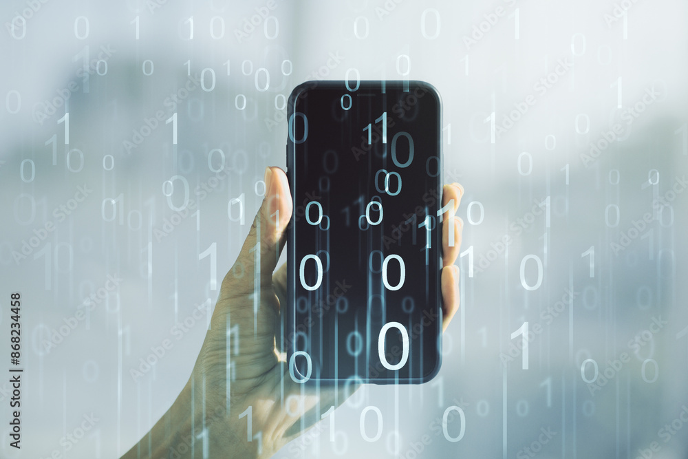 Leinwandbilder creative concept of binary code illustration and hand with phone on background. big data and coding 