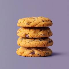 Stack of four homemade chocolate chip cookies on purple background.  Bakery treat and snack. Dessert and snack food.
