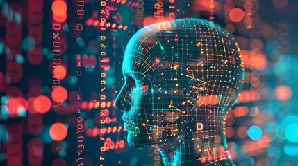 Cybernetic mind, AI neural network visualization. AI humanoid head profile with a digital neural network pattern against a bokeh-style circuit board backdrop