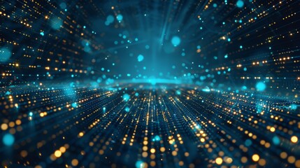 A dynamic abstract background featuring blue and orange lights resembling data streams. The image captures the essence of futuristic digital networks with glowing particles and vibrant energy lines
