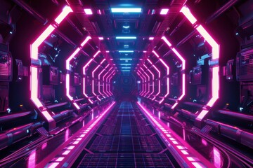 Fototapeta premium Futuristic Sci-Fi Corridor with Neon Lights and Reflective Surfaces. A Journey into the Unknown