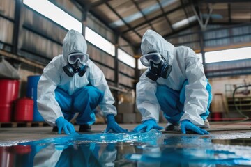 A team of two chemists, wearing PPE suits and gas masks, recover a deadly chemical spill on the factory warehouse floor. Correct disposal of chemical spills in industrial plants
