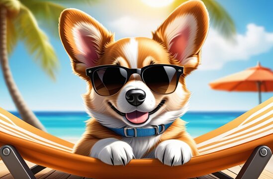 Cute corgy puppy in sunglasses lies on a sun lounger on the seashore. Advertising of tourism, recreation, travel, beach. Resort concept.