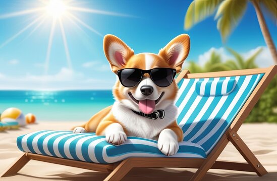 Cute corgy puppy in sunglasses lies on a sun lounger on the seashore. Advertising of tourism, recreation, travel, beach. Resort concept.