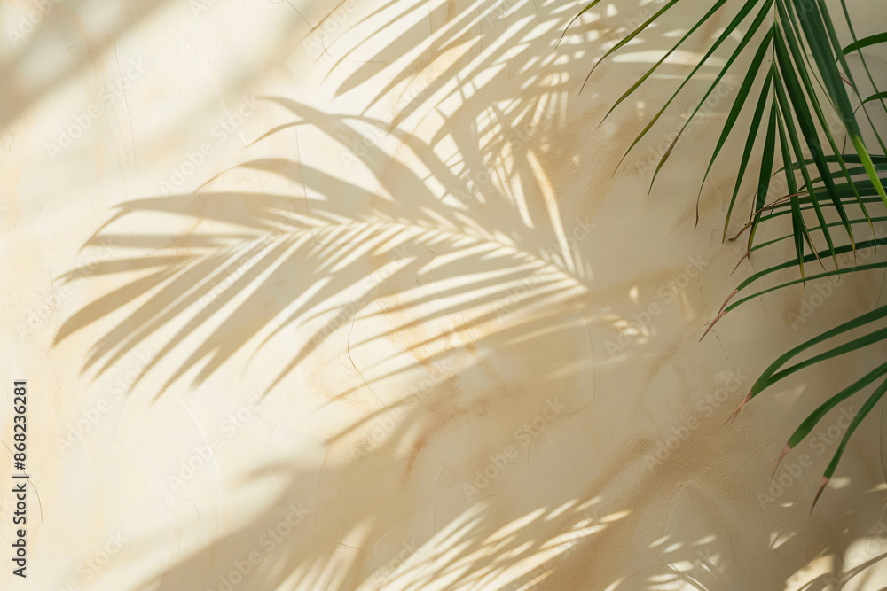 Poster abstract background with a palm leaf shadow on a beige wall, light and airy, with soft edges and a b
