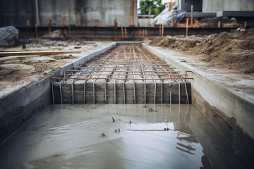 Liquid concrete on construction site. Generative AI