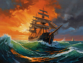 Obraz premium ship in the sea at sunset