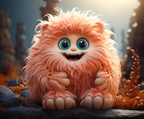 Cute orange fluffy cartoon character monster. A funny fictional animal.