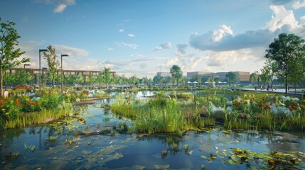 A vibrant urban wetland area designed for flood control and offering recreational opportunities.