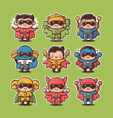 Fototapeta premium Cute superheroes printable stickers clipart illustration set