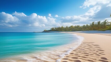 Obraz premium Ocean coastline. Photo of summer beach, tropical ocean coastline with beautiful sky, sand beach. Marine horizontal landscape background. Seascape view. Summer holidays. Vacation place