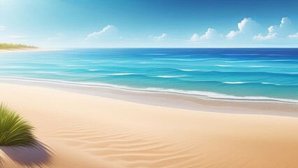 Fototapeta premium Ocean coastline. Vector illustration of summer beach, tropical ocean coastline with beautiful sky, sand beach. Marine horizontal landscape background. Seascape view. Summer holidays. Vacation place