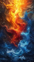 A vibrant abstract background depicting the fusion of natural elements: earth, water, air, and fire, symbolizing climate balance. 