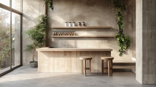 Minimalist coffee corner with bar table, stools, wall-mounted shelf.