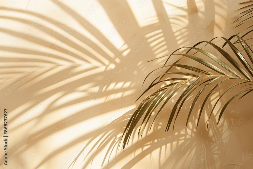 Poster abstract background with a palm leaf shadow on a beige wall, light and airy, with soft edges and a b