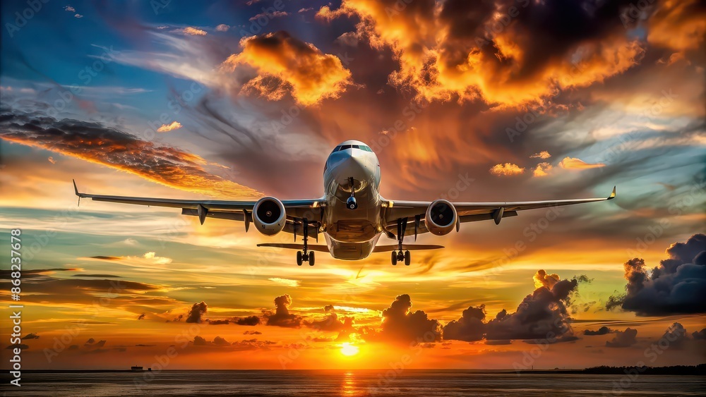 Sticker Airplane gracefully approaching for landing against a stunning sunset backdrop, airplane, landing, sunset, aircraft, aviation