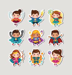 Cute superheroes printable stickers clipart illustration set